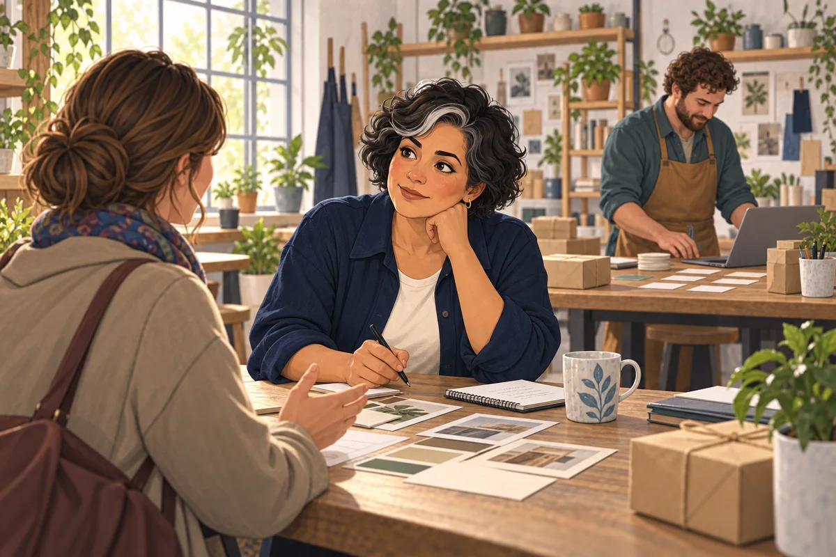 The illustrated owner listens to a customer while a colleague works independently.